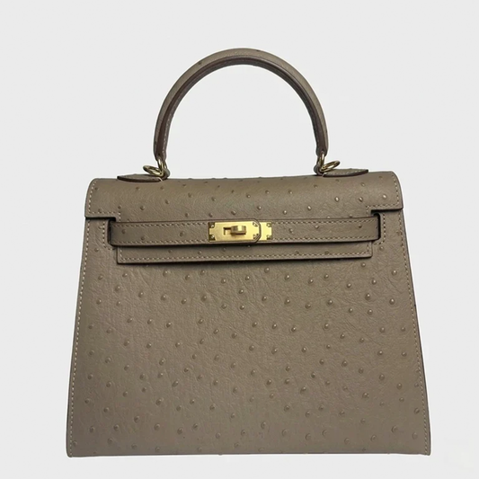 Muted Taupe Grey Tiny Raised Dot Petite Trapezoid Hand Carry Bag With Radiant Golden Twist Lock Hardware And Slim Curved Top Grip