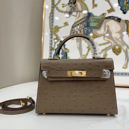 Muted Taupe Grey Tiny Raised Dot Petite Trapezoid Hand Carry Bag With Radiant Golden Twist Lock Hardware And Slim Curved Top Grip