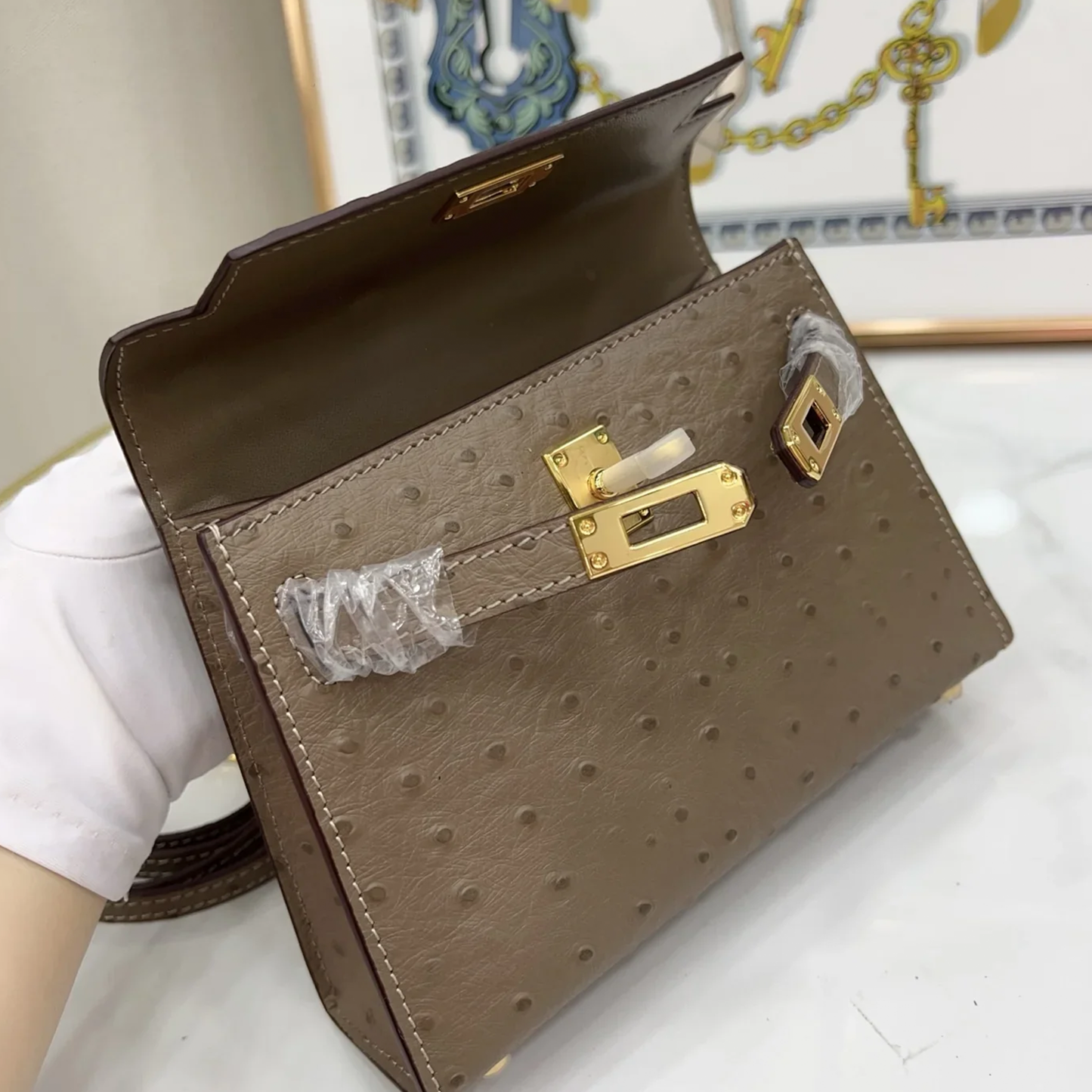 Muted Taupe Grey Tiny Raised Dot Petite Trapezoid Hand Carry Bag With Radiant Golden Twist Lock Hardware And Slim Curved Top Grip