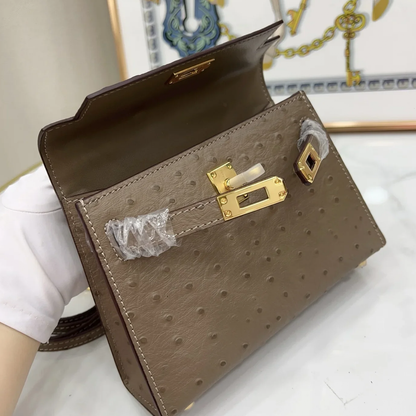 Muted Taupe Grey Tiny Raised Dot Petite Trapezoid Hand Carry Bag With Radiant Golden Twist Lock Hardware And Slim Curved Top Grip