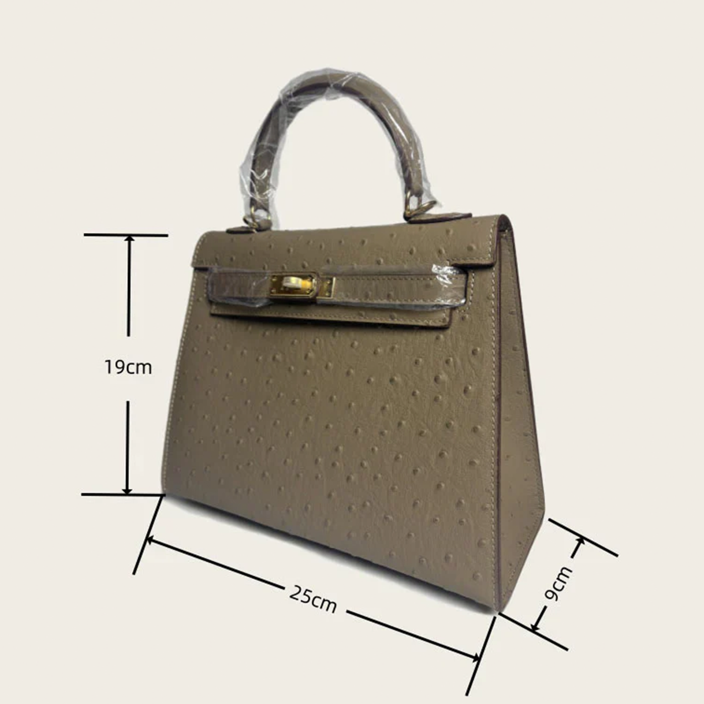 Muted Taupe Grey Tiny Raised Dot Petite Trapezoid Hand Carry Bag With Radiant Golden Twist Lock Hardware And Slim Curved Top Grip