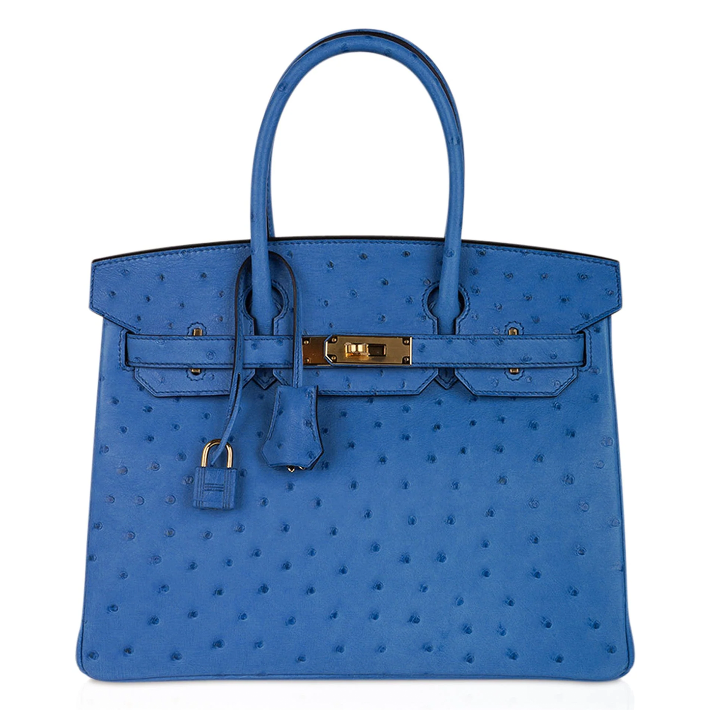 Vivid Mykonos Blue Tiny Raised Dot Medium Trapezoid Hand Carry Tote With Bright Golden Twist Lock Hardware And Matching Suspended Engraved Padlock Charm