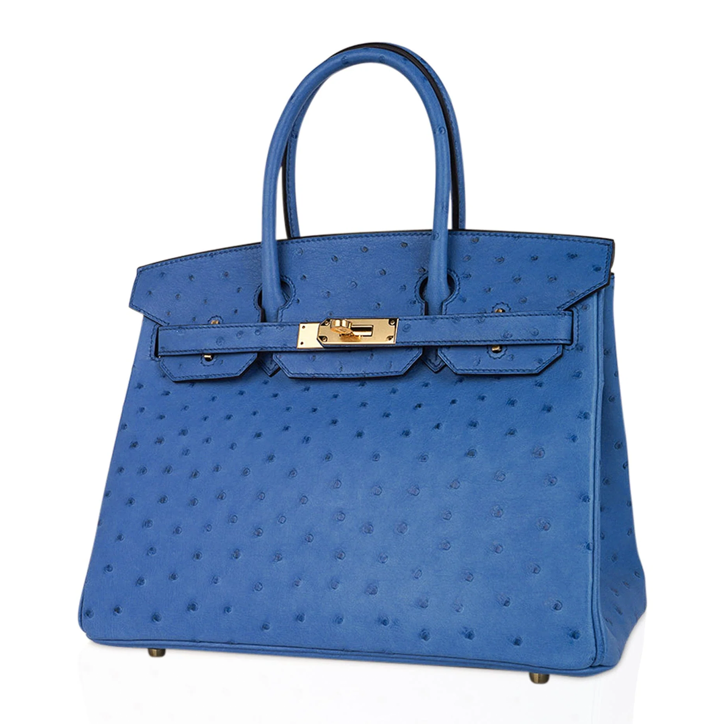 Vivid Mykonos Blue Tiny Raised Dot Medium Trapezoid Hand Carry Tote With Bright Golden Twist Lock Hardware And Matching Suspended Engraved Padlock Charm