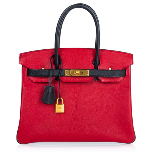 Bold Scarlet And Deep Dark Contrast Medium Trapezoid Hand Tote With Matte Warm Golden Twist Lock Hardware And Matching Suspended Engraved Metal Padlock Charm