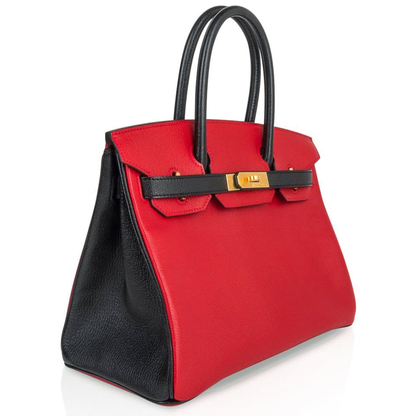Bold Scarlet And Deep Dark Contrast Medium Trapezoid Hand Tote With Matte Warm Golden Twist Lock Hardware And Matching Suspended Engraved Metal Padlock Charm