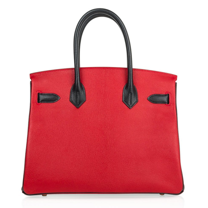 Bold Scarlet And Deep Dark Contrast Medium Trapezoid Hand Tote With Matte Warm Golden Twist Lock Hardware And Matching Suspended Engraved Metal Padlock Charm