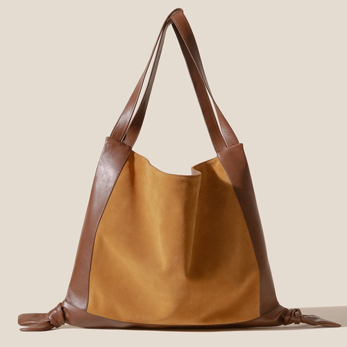 Warm Mustard Tan Cocoa Brown Two-Tone Slouchy Shoulder Tote With Decorative Knotted Corner Trim And Wide Shoulder Strap Panels