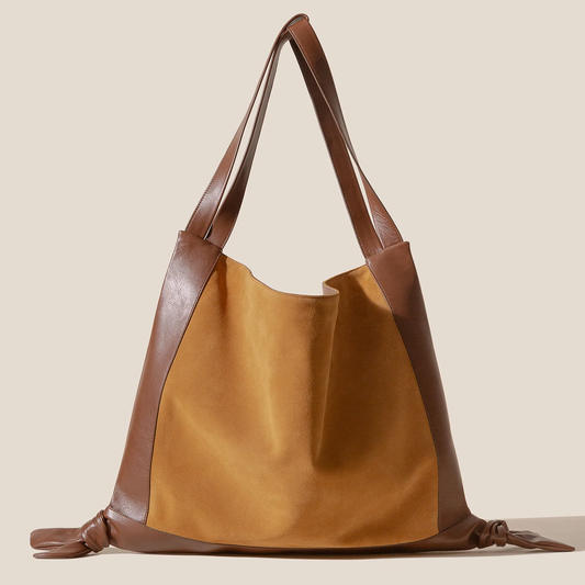 Warm Mustard Tan Cocoa Brown Two-Tone Slouchy Shoulder Tote With Decorative Knotted Corner Trim And Wide Shoulder Strap Panels
