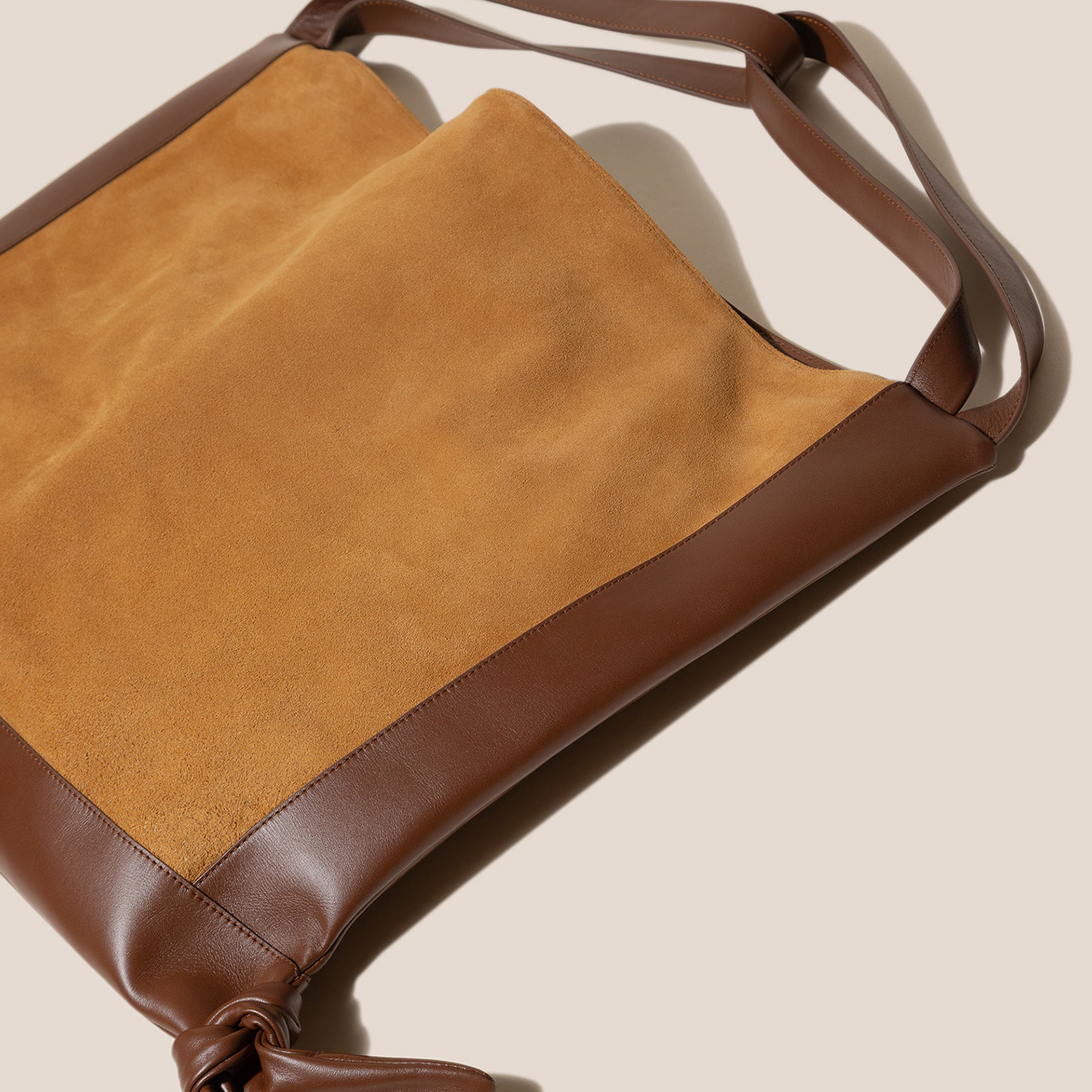 Warm Mustard Tan Cocoa Brown Two-Tone Slouchy Shoulder Tote With Decorative Knotted Corner Trim And Wide Shoulder Strap Panels