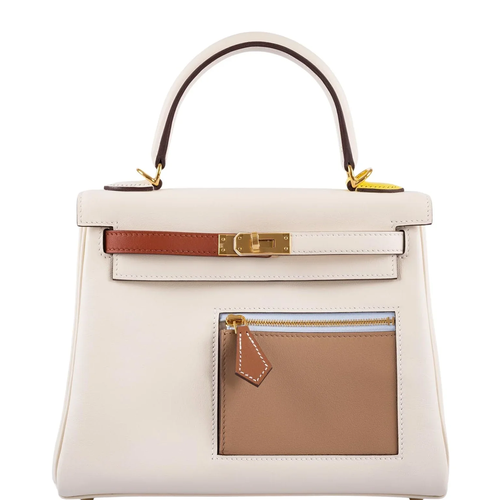 Creamy Off-White Multi-Tone Accent Compact Trapezoid Hand Carry Bag With Golden Twist Lock Hardware And Built-In Front Zippered Pocket